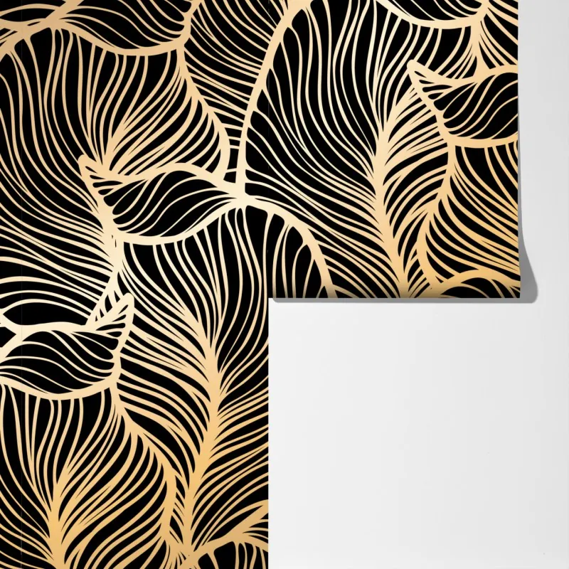 Fototapeta złoty wzór liści na czarnym tle – Wallissimo® Fototapeta złoty wzór liści na czarnym tle – Wallissimo®
