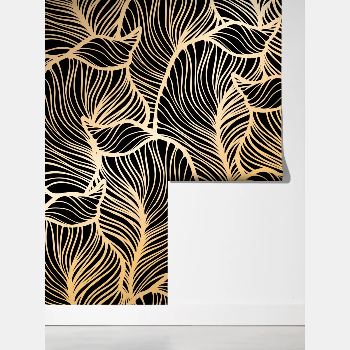 Fototapeta złoty wzór liści na czarnym tle – Wallissimo® Fototapeta złoty wzór liści na czarnym tle – Wallissimo®