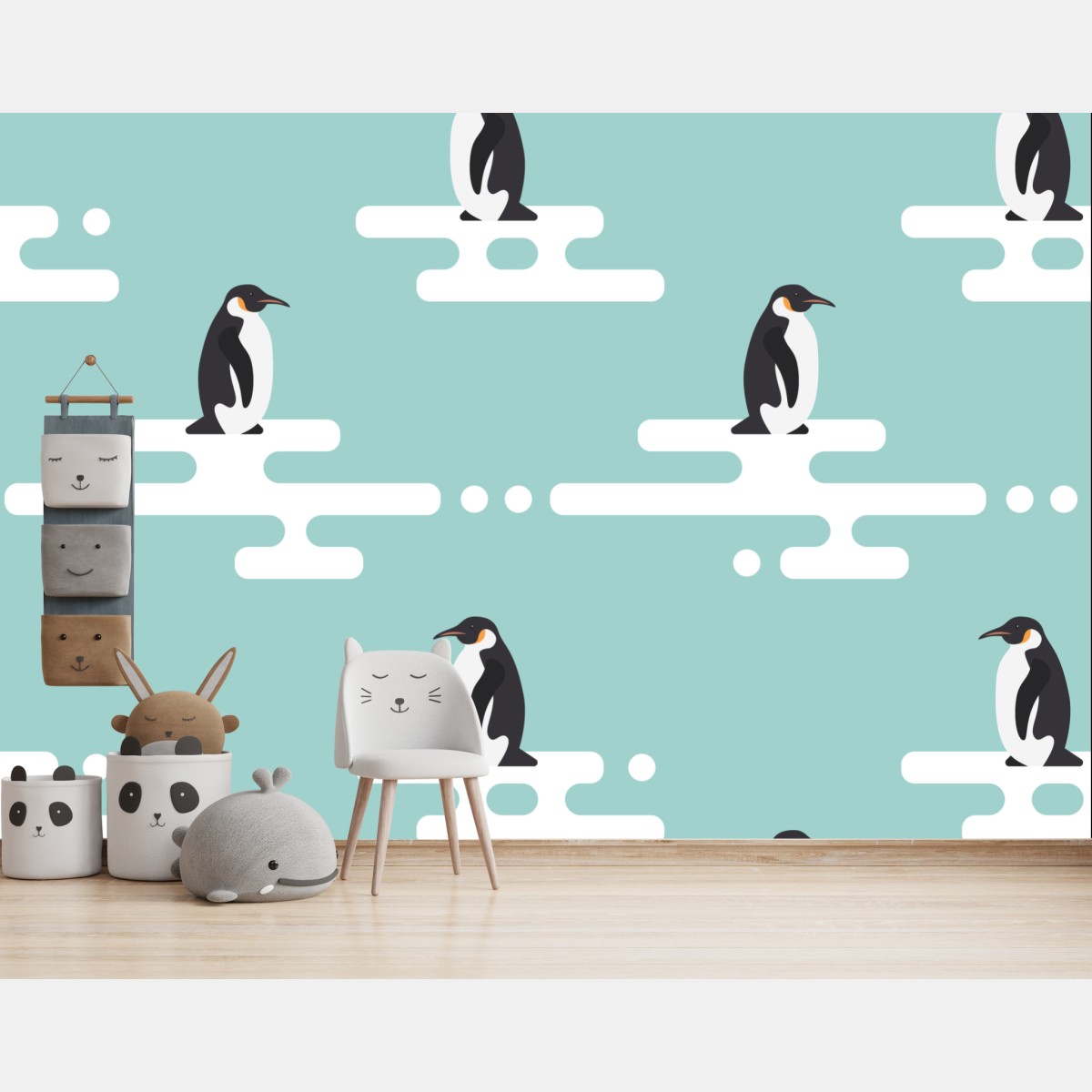 Wall mural cute penguin pattern in pastel turquoise