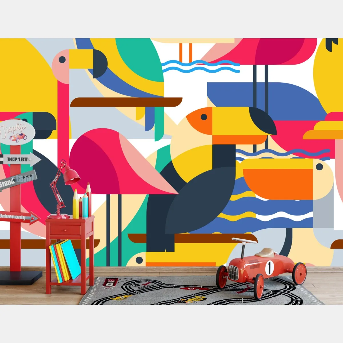 Fototapeta tropikalny geometryczny wzór ptaków – Wallissimo® Fototapeta tropikalny geometryczny wzór ptaków – Wallissimo®