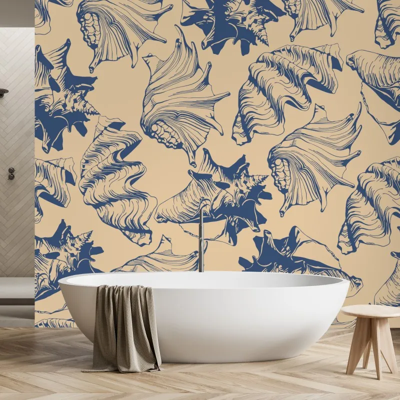 Fototapeta wzór z muszlami w granacie i beżu