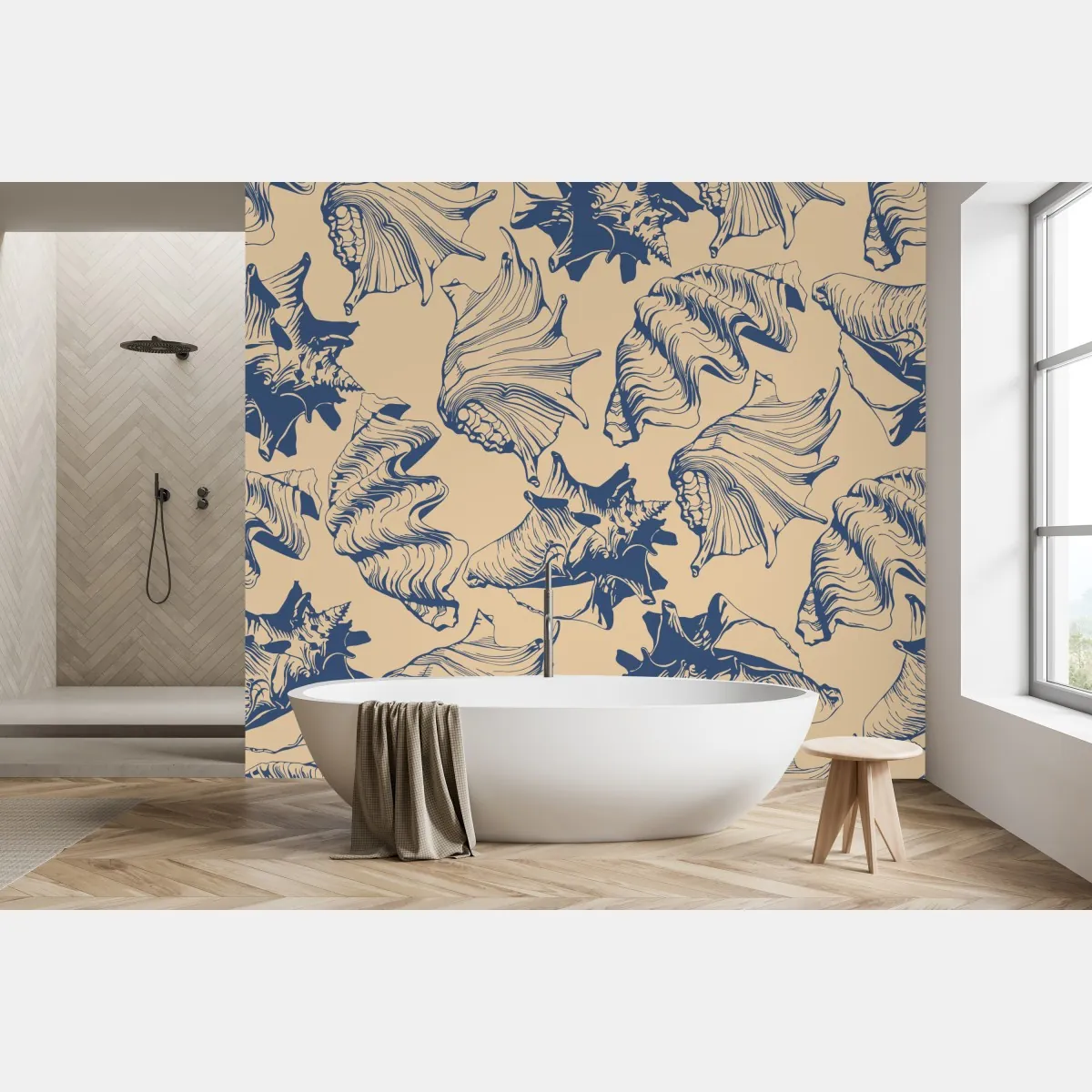 Fototapeta wzór z muszlami w granacie i beżu – Wallissimo® Fototapeta wzór z muszlami w granacie i beżu – Wallissimo®