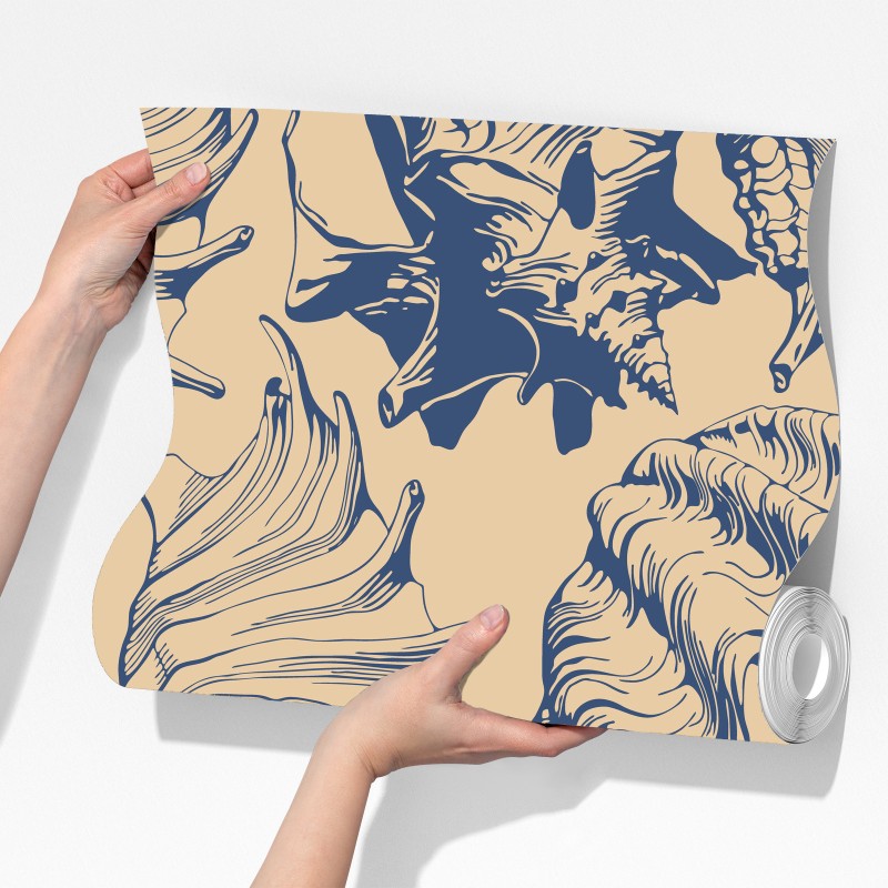 Fototapeta wzór z muszlami w granacie i beżu – Wallissimo® Fototapeta wzór z muszlami w granacie i beżu – Wallissimo®