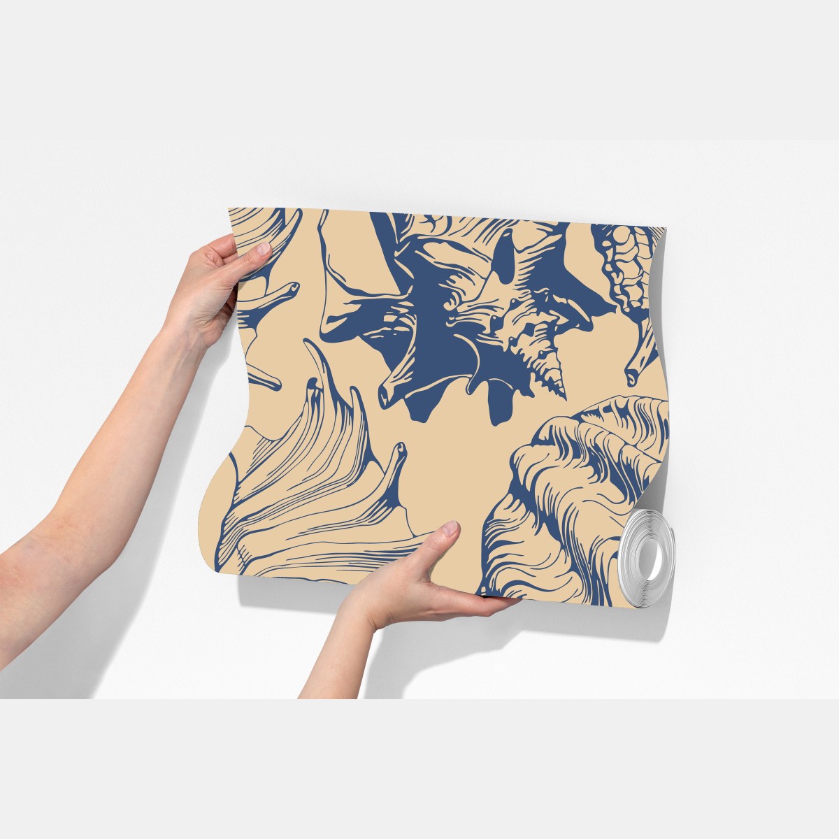 Fototapeta wzór z muszlami w granacie i beżu – Wallissimo® Fototapeta wzór z muszlami w granacie i beżu – Wallissimo®