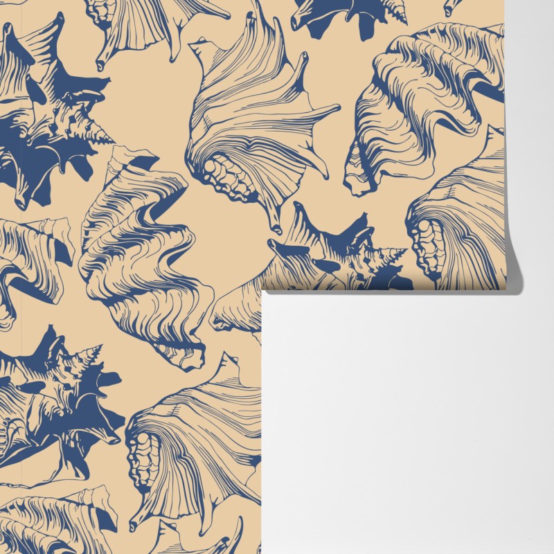 Fototapeta wzór z muszlami w granacie i beżu – Wallissimo® Fototapeta wzór z muszlami w granacie i beżu – Wallissimo®