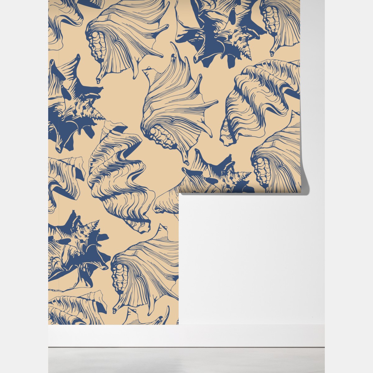 Fototapeta wzór z muszlami w granacie i beżu – Wallissimo® Fototapeta wzór z muszlami w granacie i beżu – Wallissimo®