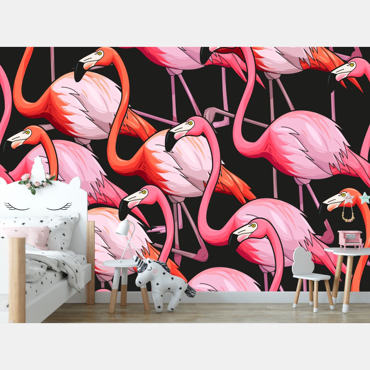 Wall mural pink flamingo pattern on black background
