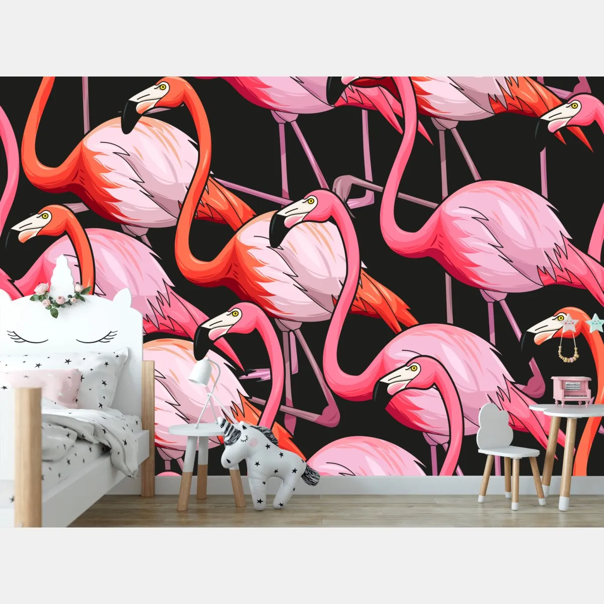 Fototapeta różowy wzór z flamingami na czarnym tle – Wallissimo® Fototapeta różowy wzór z flamingami na czarnym tle – Wallissimo®