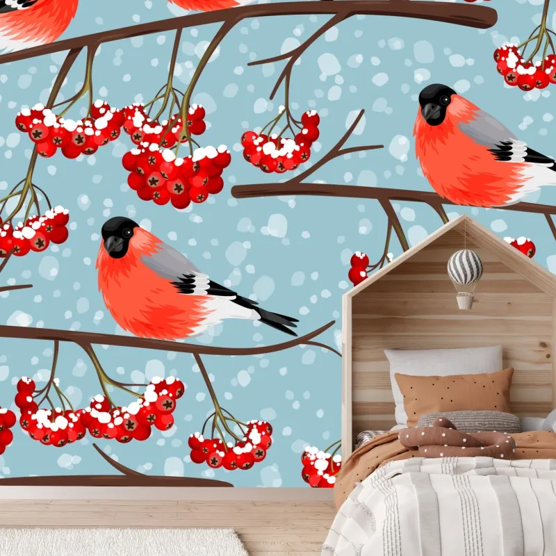 Fototapeta zimowe gile i jarzębina - wzór