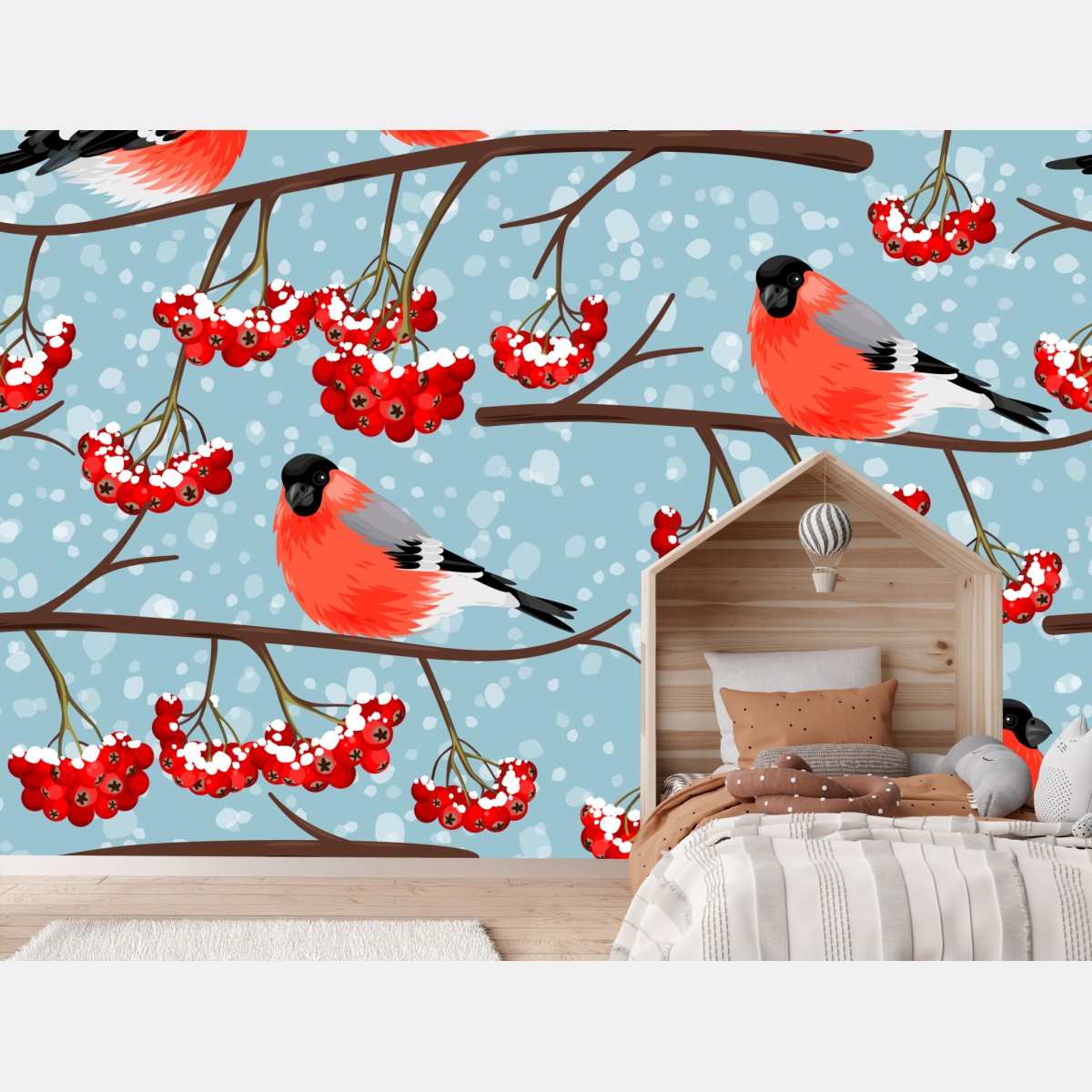 Wall mural winter bullfinches and rowan berries pattern