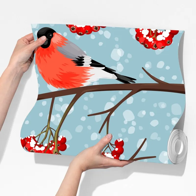 Fototapeta zimowe gile i jarzębina - wzór – Wallissimo® Fototapeta zimowe gile i jarzębina - wzór – Wallissimo®