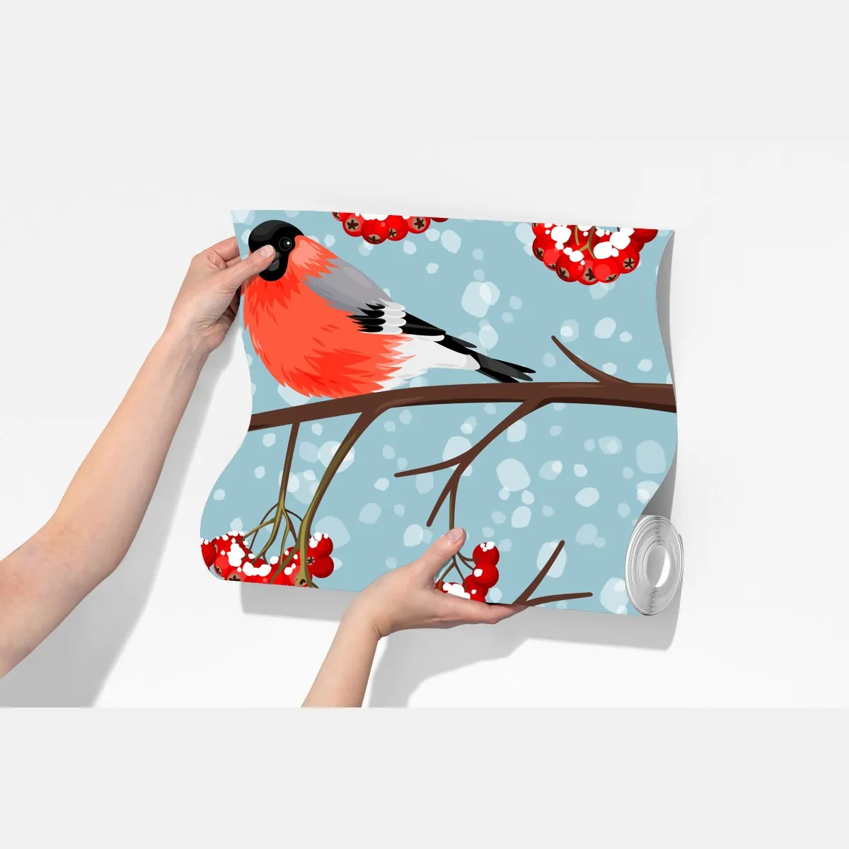 Fototapeta zimowe gile i jarzębina - wzór – Wallissimo® Fototapeta zimowe gile i jarzębina - wzór – Wallissimo®