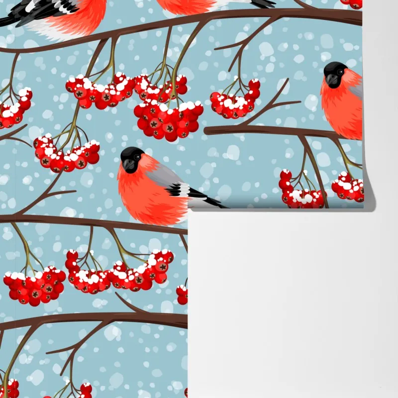 Fototapeta zimowe gile i jarzębina - wzór – Wallissimo® Fototapeta zimowe gile i jarzębina - wzór – Wallissimo®