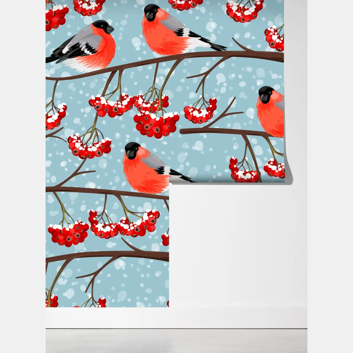 Fototapeta zimowe gile i jarzębina - wzór – Wallissimo® Fototapeta zimowe gile i jarzębina - wzór – Wallissimo®