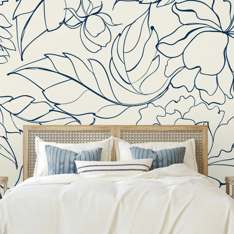 Fototapeta ręcznie rysowany granatowy wzór kwiatowy na kremowym tle