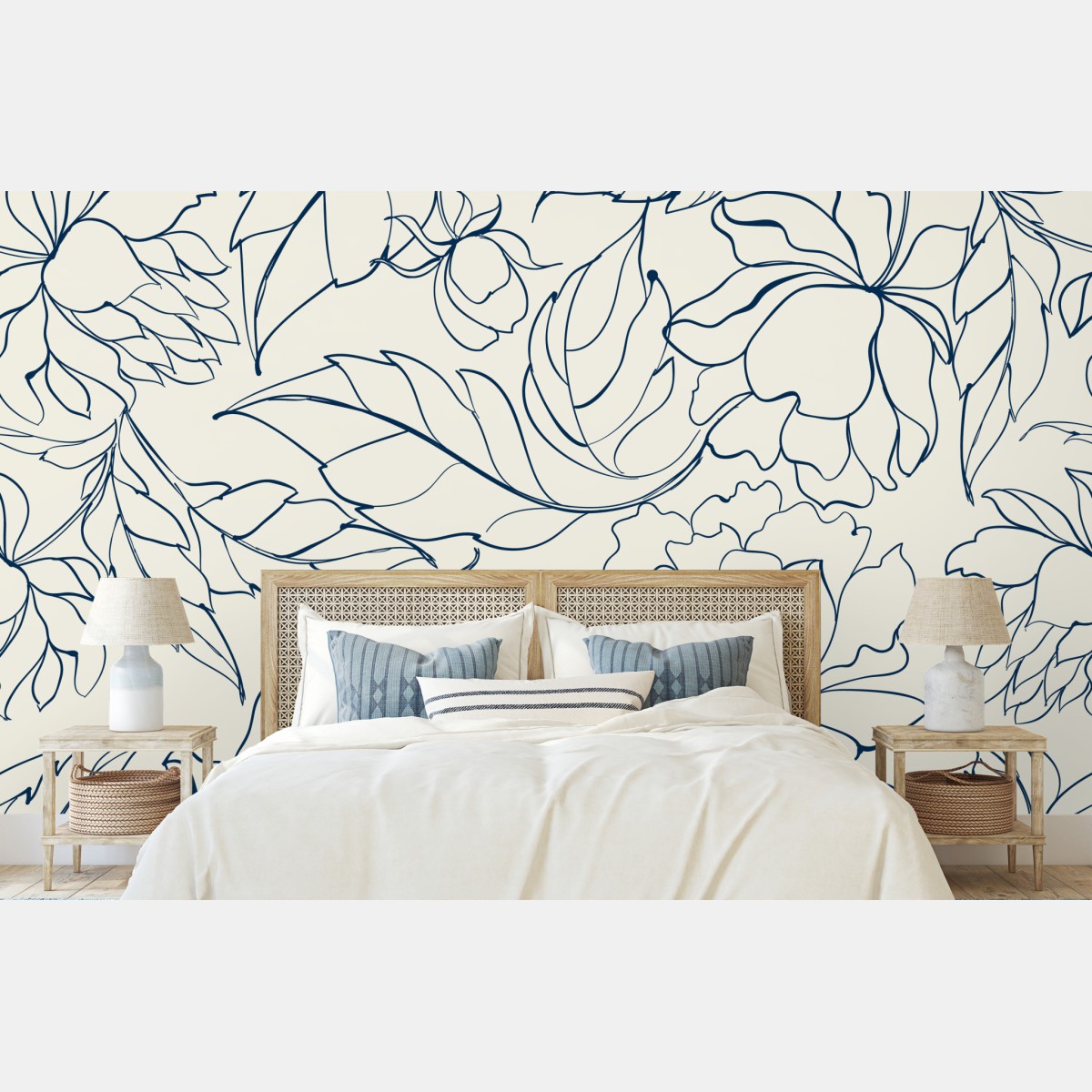Wall mural hand-drawn navy floral pattern on cream