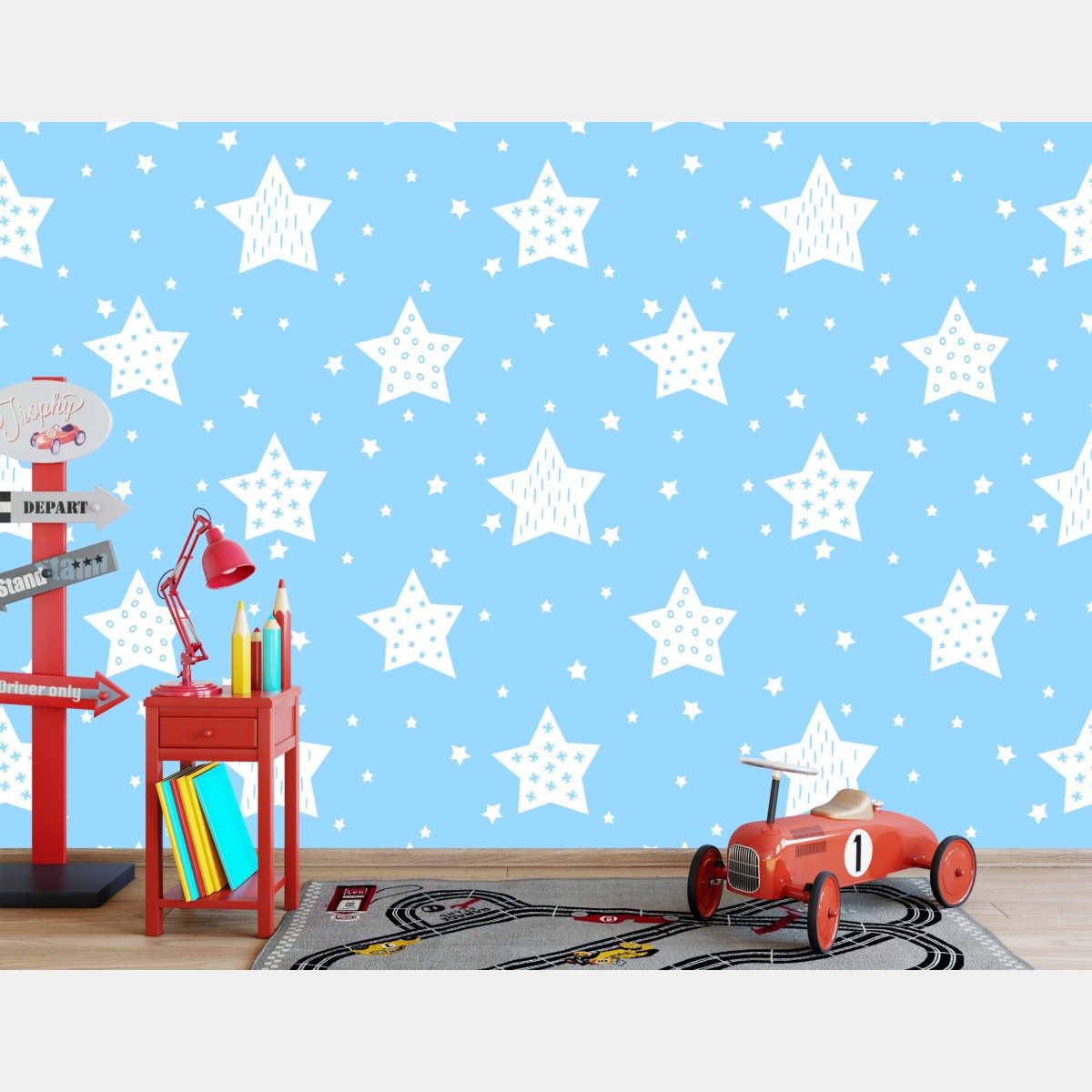 Wall mural soft blue stars for nursery wall