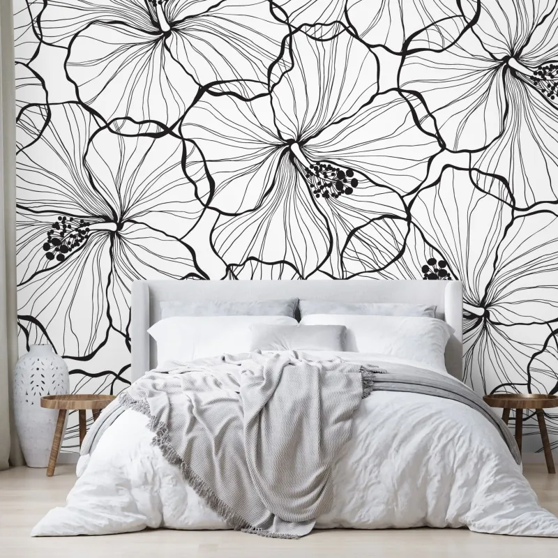 Fototapeta czarno-biały hibiskus w stylu line art
