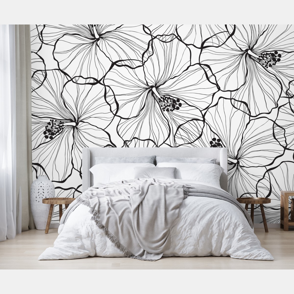 Wall mural black and white hibiscus line art pattern