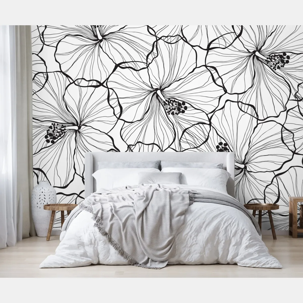 Fototapeta czarno-biały hibiskus w stylu line art – Wallissimo® Fototapeta czarno-biały hibiskus w stylu line art – Wallissimo®