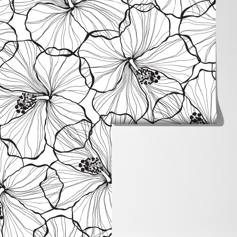 Fototapeta czarno-biały hibiskus w stylu line art – Wallissimo® Fototapeta czarno-biały hibiskus w stylu line art – Wallissimo®