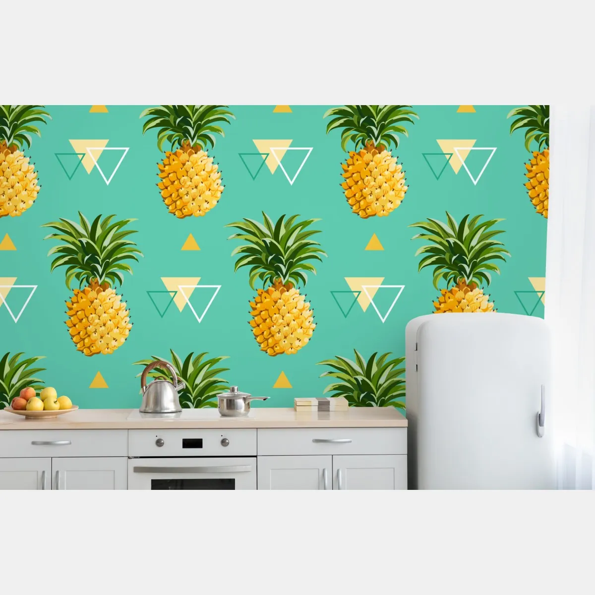 Fototapeta tropikalny wzór z ananasami na turkusowym tle – Wallissimo® Fototapeta tropikalny wzór z ananasami na turkusowym tle – Wallissimo®