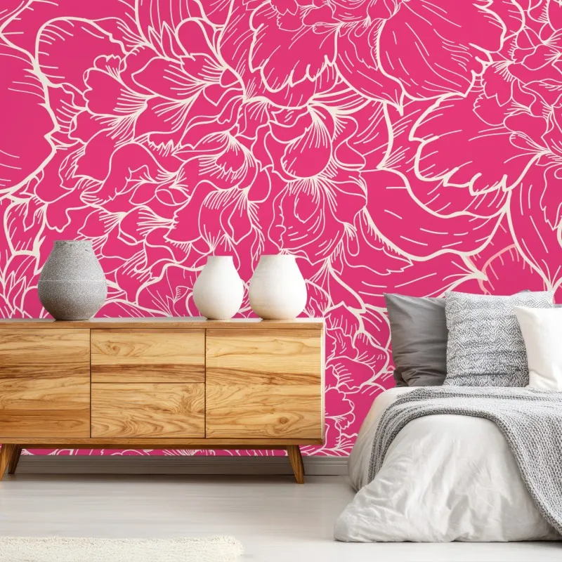 Fototapeta intensywny różowy wzór z peoniami – Wallissimo® Fototapeta intensywny różowy wzór z peoniami – Wallissimo®