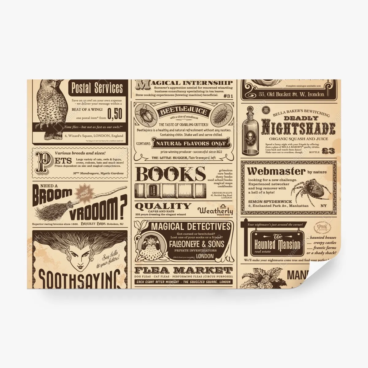 Fototapeta kolaż starych magicznych ogłoszeń – Wallissimo® Fototapeta kolaż starych magicznych ogłoszeń – Wallissimo®