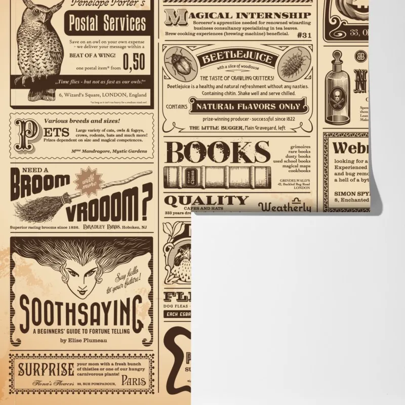 Fototapeta kolaż starych magicznych ogłoszeń – Wallissimo® Fototapeta kolaż starych magicznych ogłoszeń – Wallissimo®