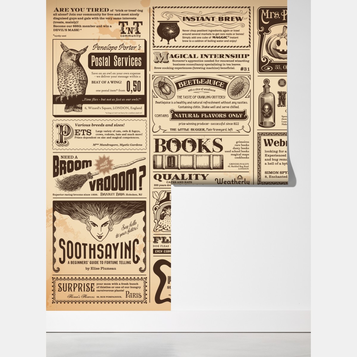 Fototapeta kolaż starych magicznych ogłoszeń – Wallissimo® Fototapeta kolaż starych magicznych ogłoszeń – Wallissimo®