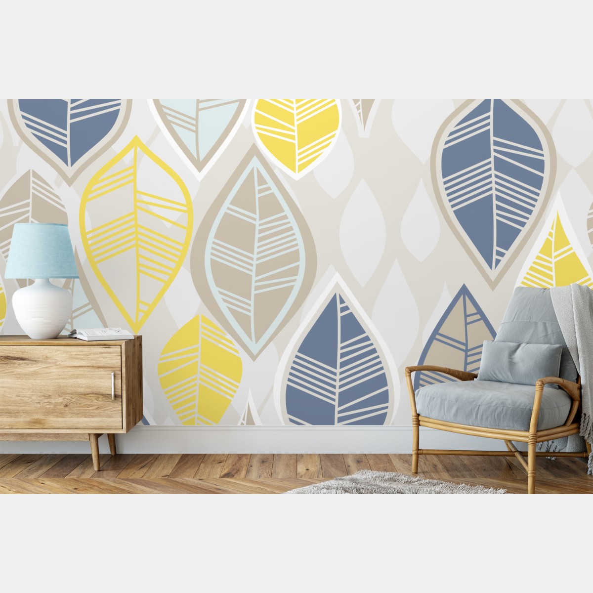 Wall mural scandinavian leaf pattern in soft neutrals