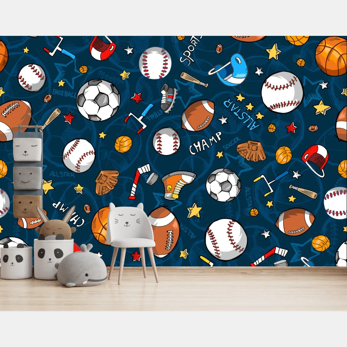 Fototapeta zabawny wzór sportowy na granatowym tle – Wallissimo® Fototapeta zabawny wzór sportowy na granatowym tle – Wallissimo®