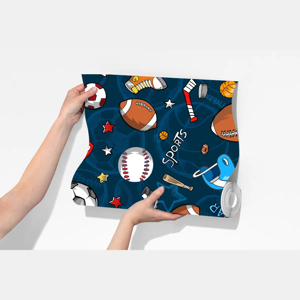 Fototapeta zabawny wzór sportowy na granatowym tle – Wallissimo® Fototapeta zabawny wzór sportowy na granatowym tle – Wallissimo®