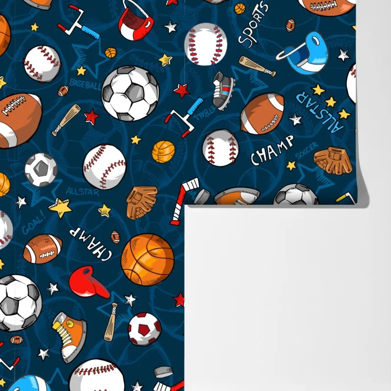 Fototapeta zabawny wzór sportowy na granatowym tle – Wallissimo® Fototapeta zabawny wzór sportowy na granatowym tle – Wallissimo®