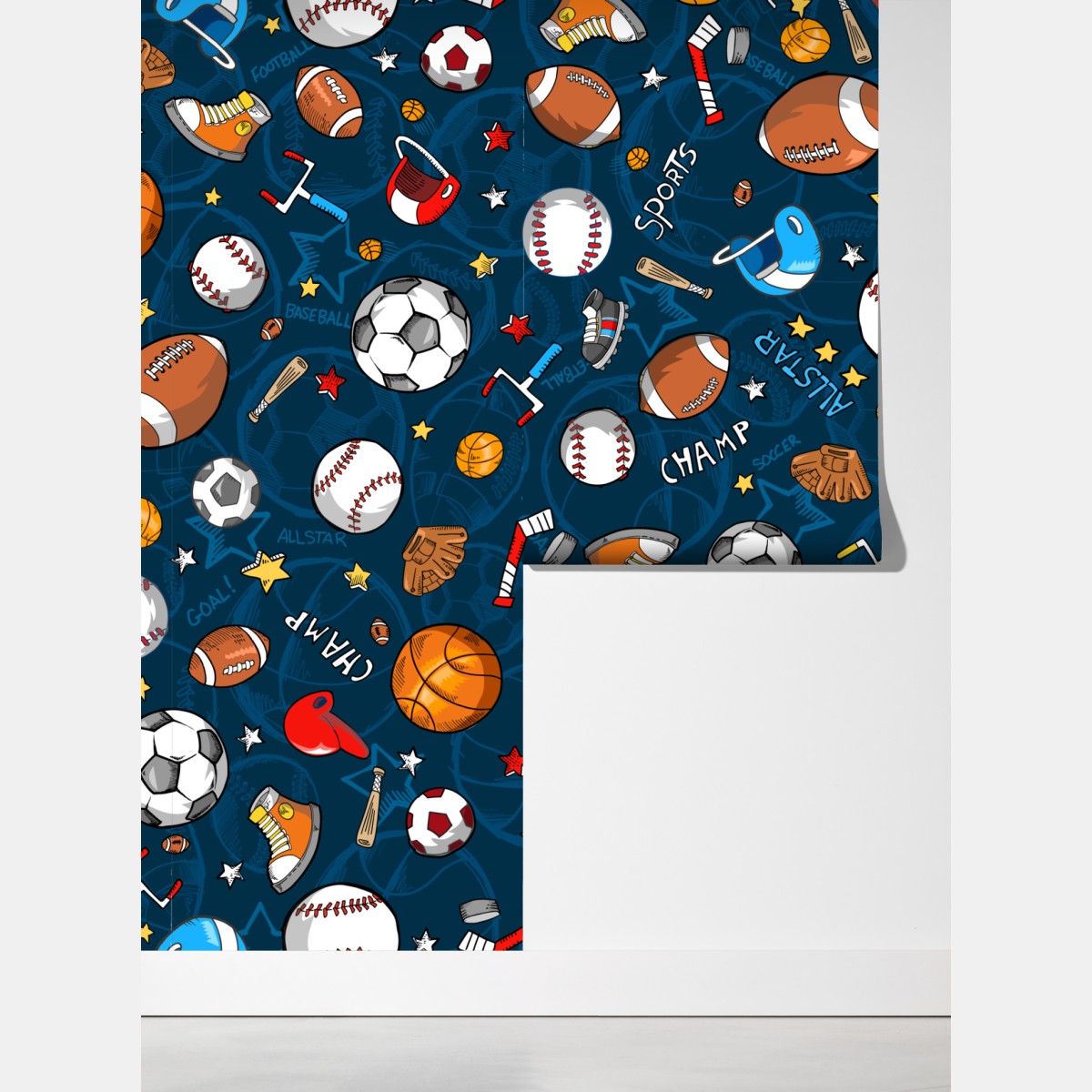 Fototapeta zabawny wzór sportowy na granatowym tle – Wallissimo® Fototapeta zabawny wzór sportowy na granatowym tle – Wallissimo®