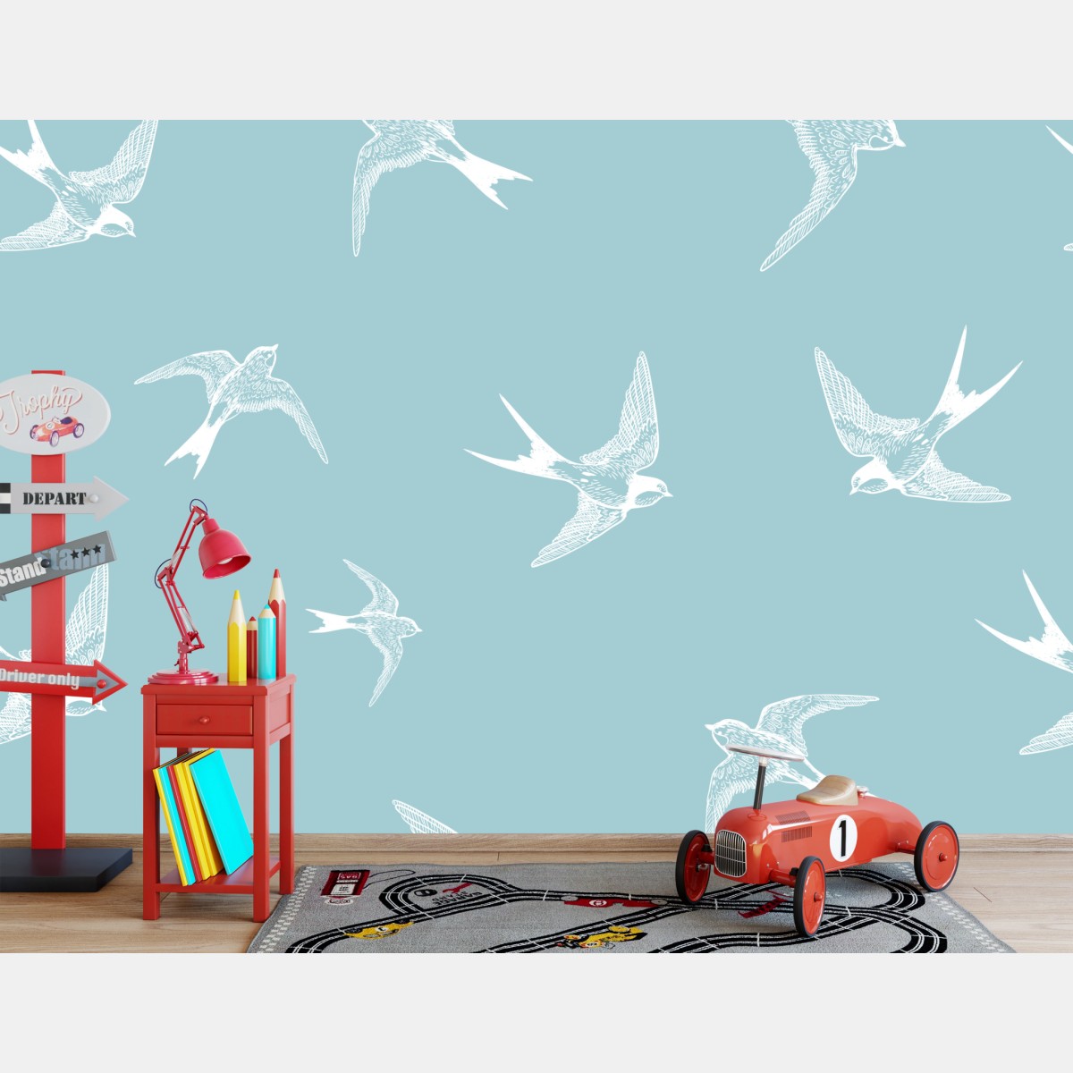 Wall mural pastel swallows seamless pattern
