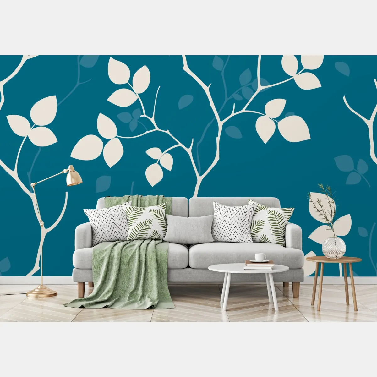 Fototapeta turkusowy botaniczny wzór liści – Wallissimo® Fototapeta turkusowy botaniczny wzór liści – Wallissimo®