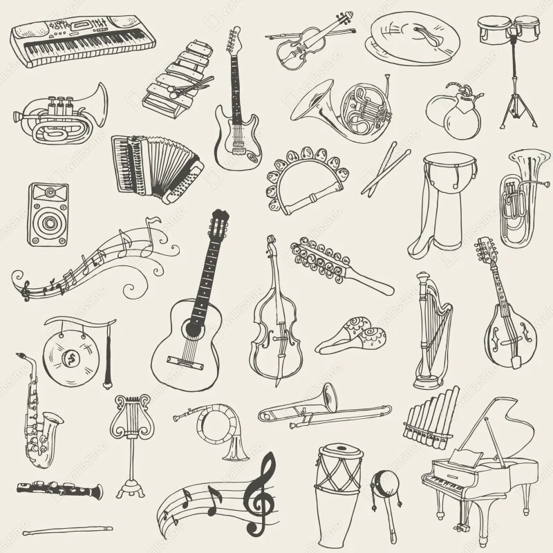 Fototapeta ręcznie rysowane instrumenty muzyczne kolaż – Wallissimo® Fototapeta ręcznie rysowane instrumenty muzyczne kolaż – Wallissimo®