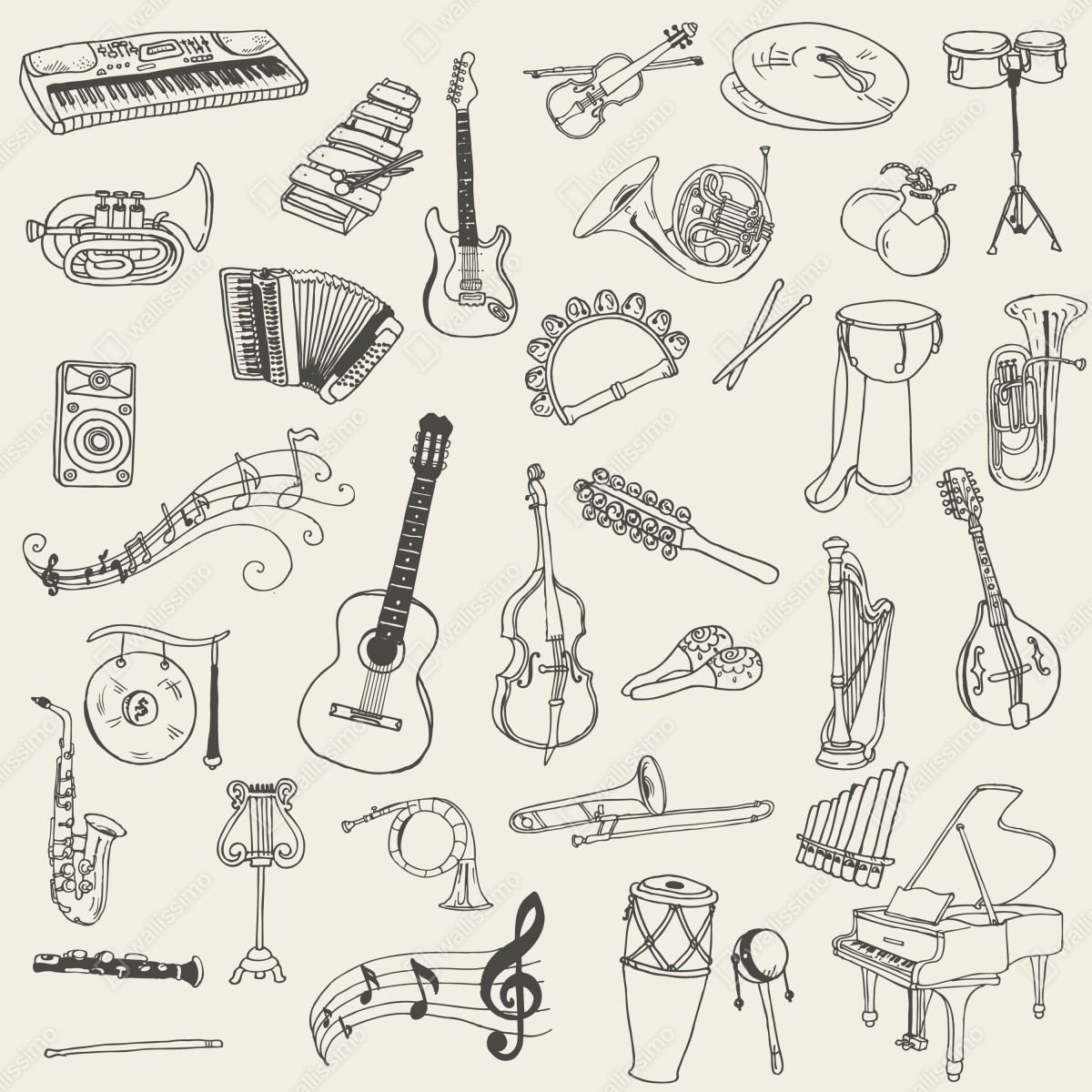 Fototapeta ręcznie rysowane instrumenty muzyczne kolaż – Wallissimo® Fototapeta ręcznie rysowane instrumenty muzyczne kolaż – Wallissimo®