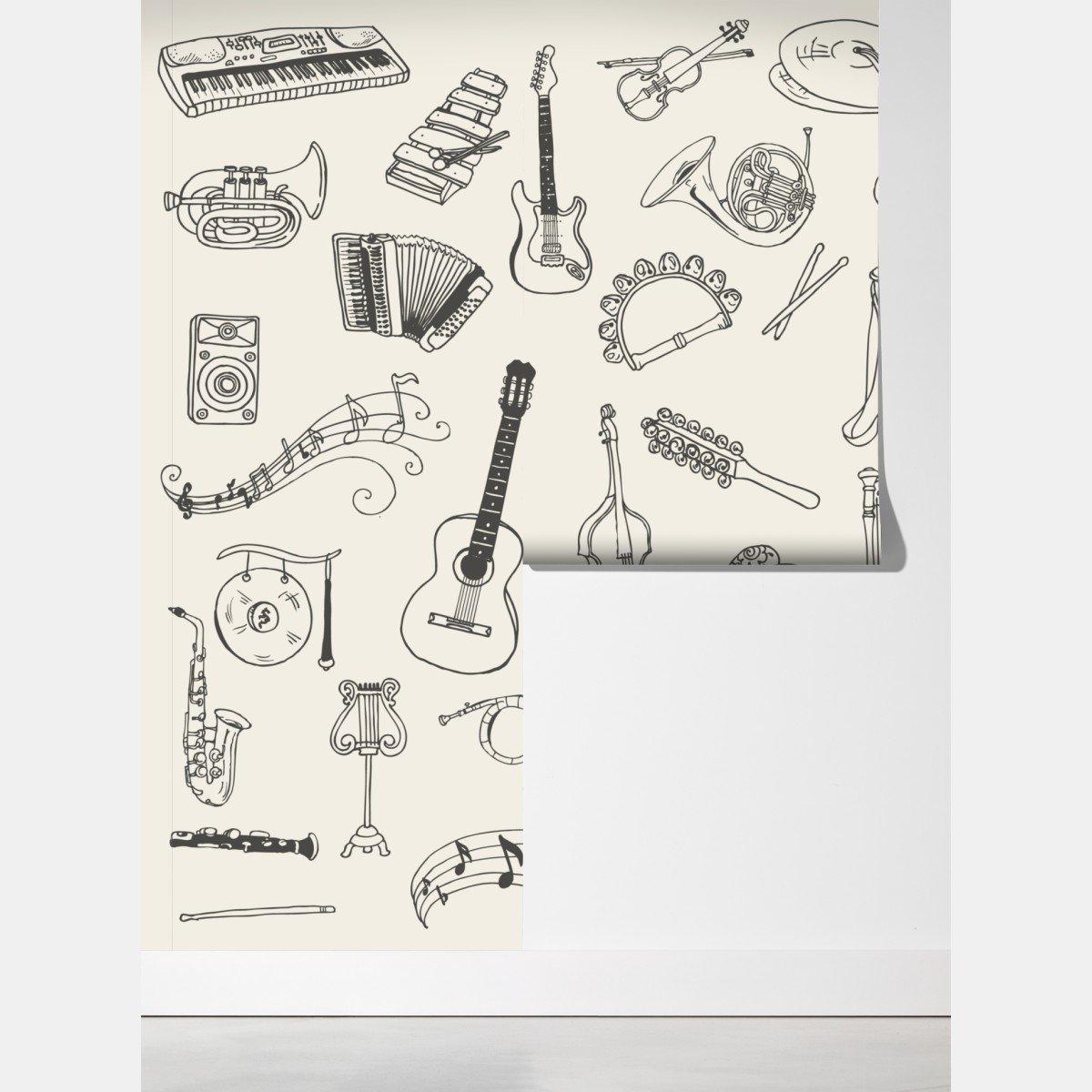 Fototapeta ręcznie rysowane instrumenty muzyczne kolaż – Wallissimo® Fototapeta ręcznie rysowane instrumenty muzyczne kolaż – Wallissimo®