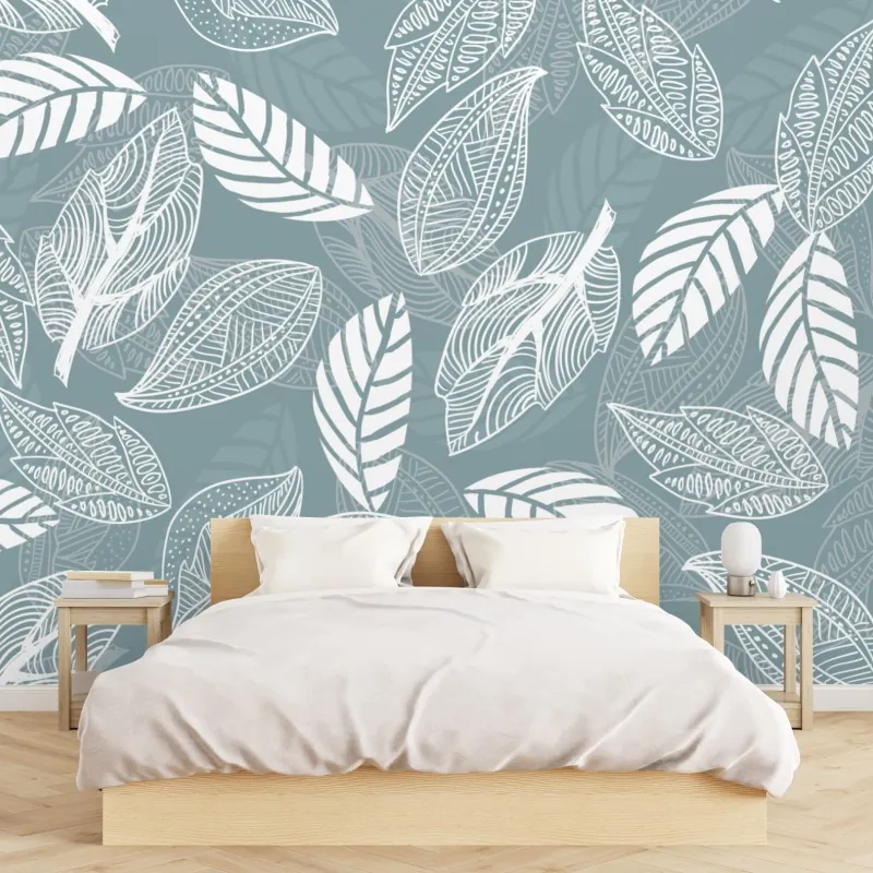 Fototapeta ręcznie rysowany wzór liści na miętowym tle