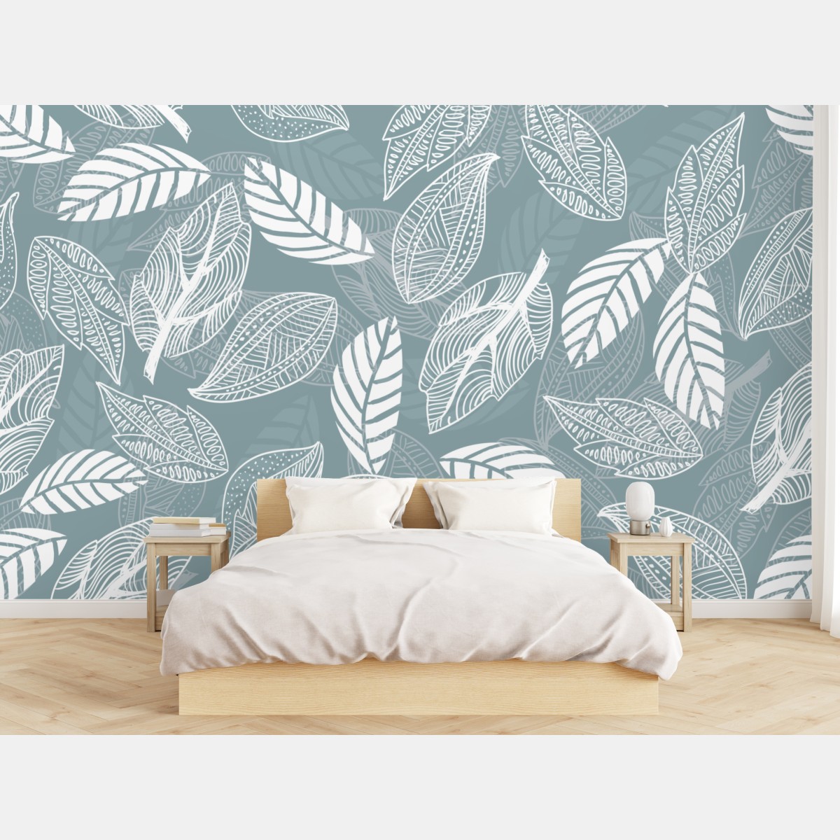 Wall mural hand-drawn leaf pattern on teal background