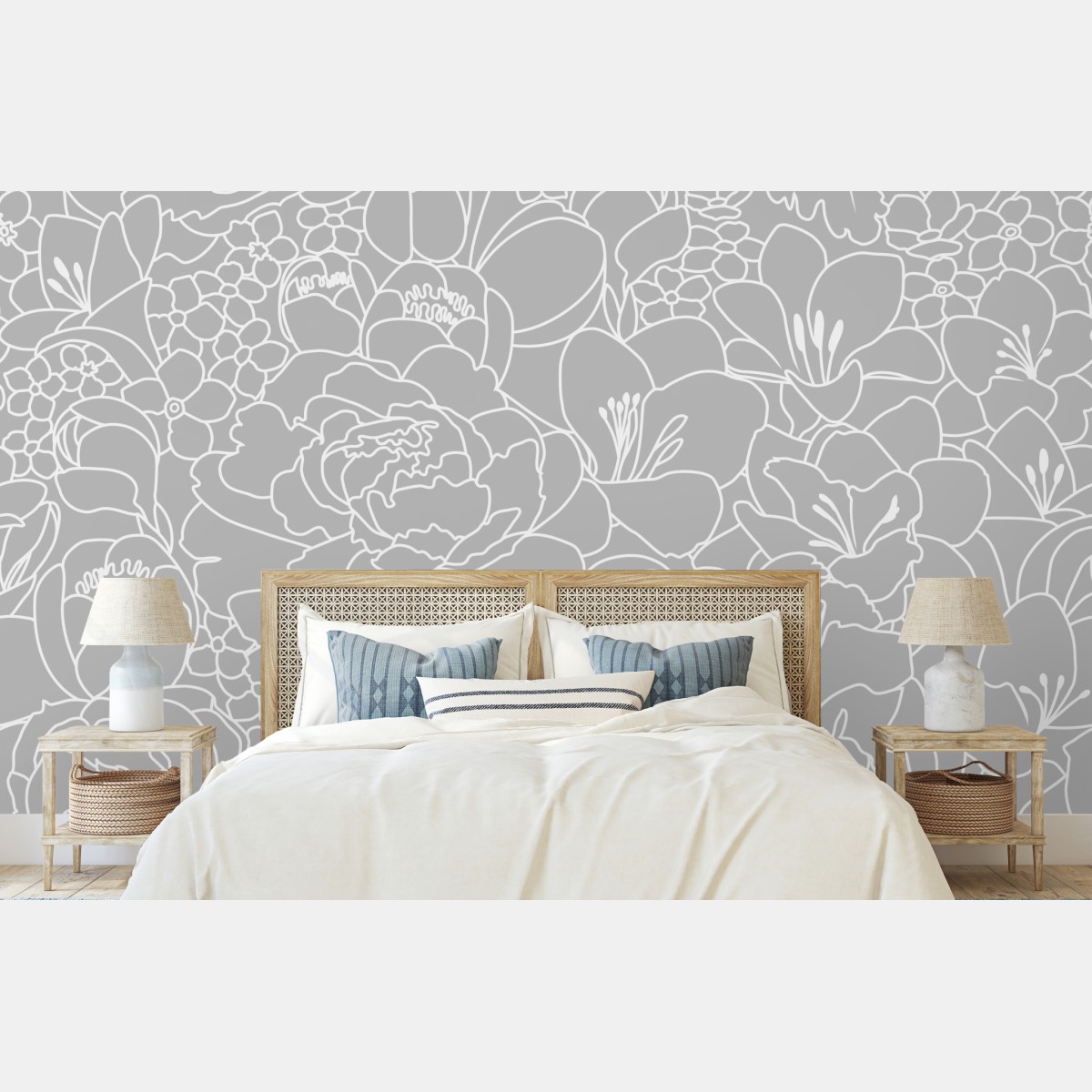 Wall mural subtle gray floral line art