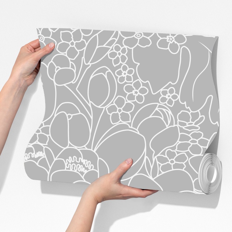Fototapeta subtelny szary wzór kwiatowy w konturze – Wallissimo® Fototapeta subtelny szary wzór kwiatowy w konturze – Wallissimo®