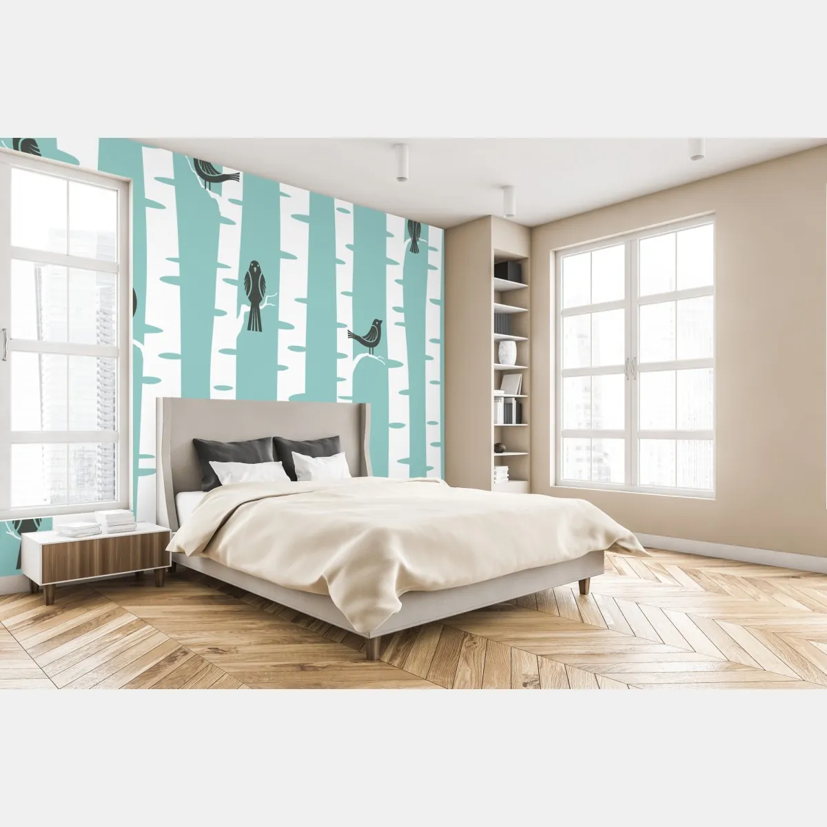 Fototapeta turkusowy las brzóz z ptakami – Wallissimo® Fototapeta turkusowy las brzóz z ptakami – Wallissimo®