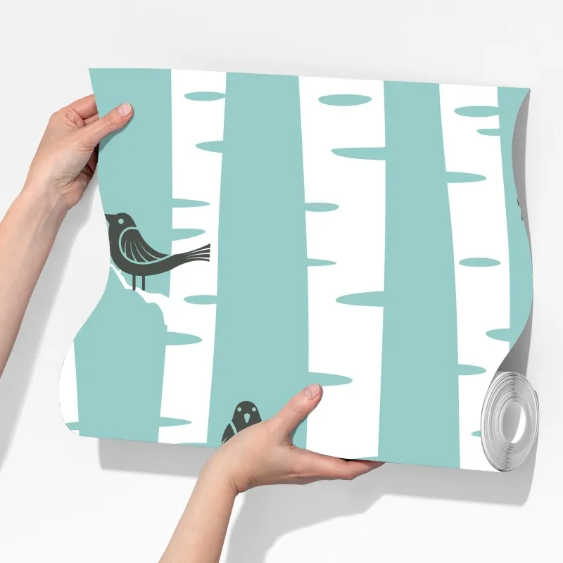 Fototapeta turkusowy las brzóz z ptakami – Wallissimo® Fototapeta turkusowy las brzóz z ptakami – Wallissimo®