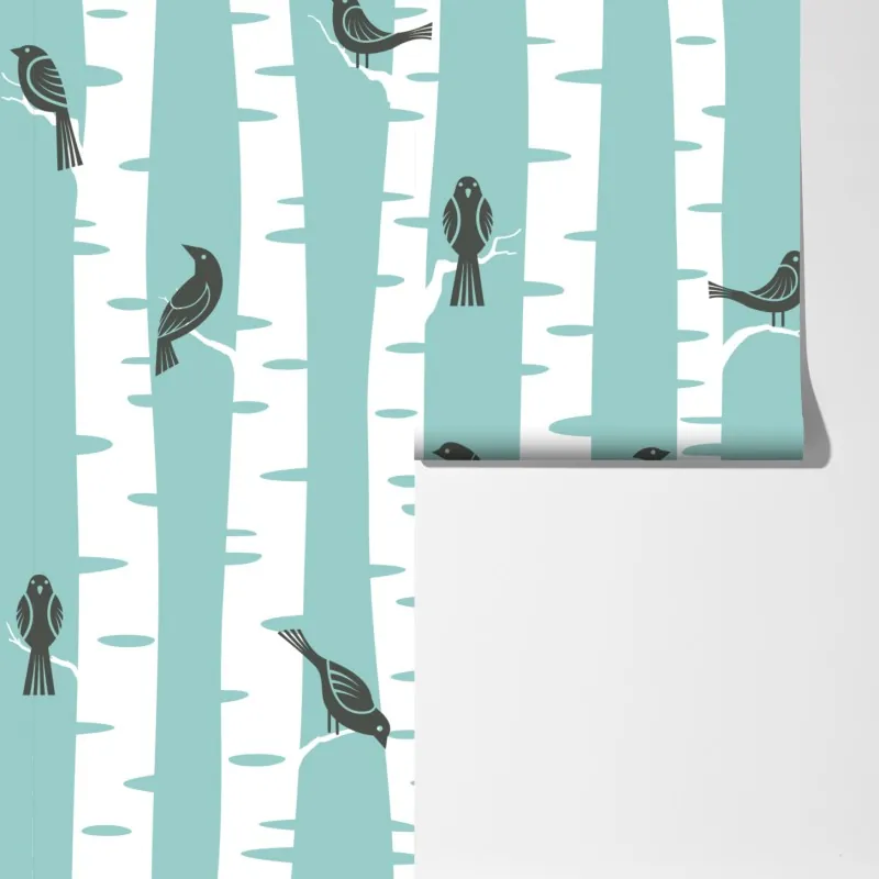 Fototapeta turkusowy las brzóz z ptakami – Wallissimo® Fototapeta turkusowy las brzóz z ptakami – Wallissimo®