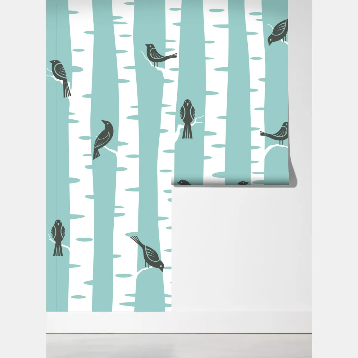 Fototapeta turkusowy las brzóz z ptakami – Wallissimo® Fototapeta turkusowy las brzóz z ptakami – Wallissimo®