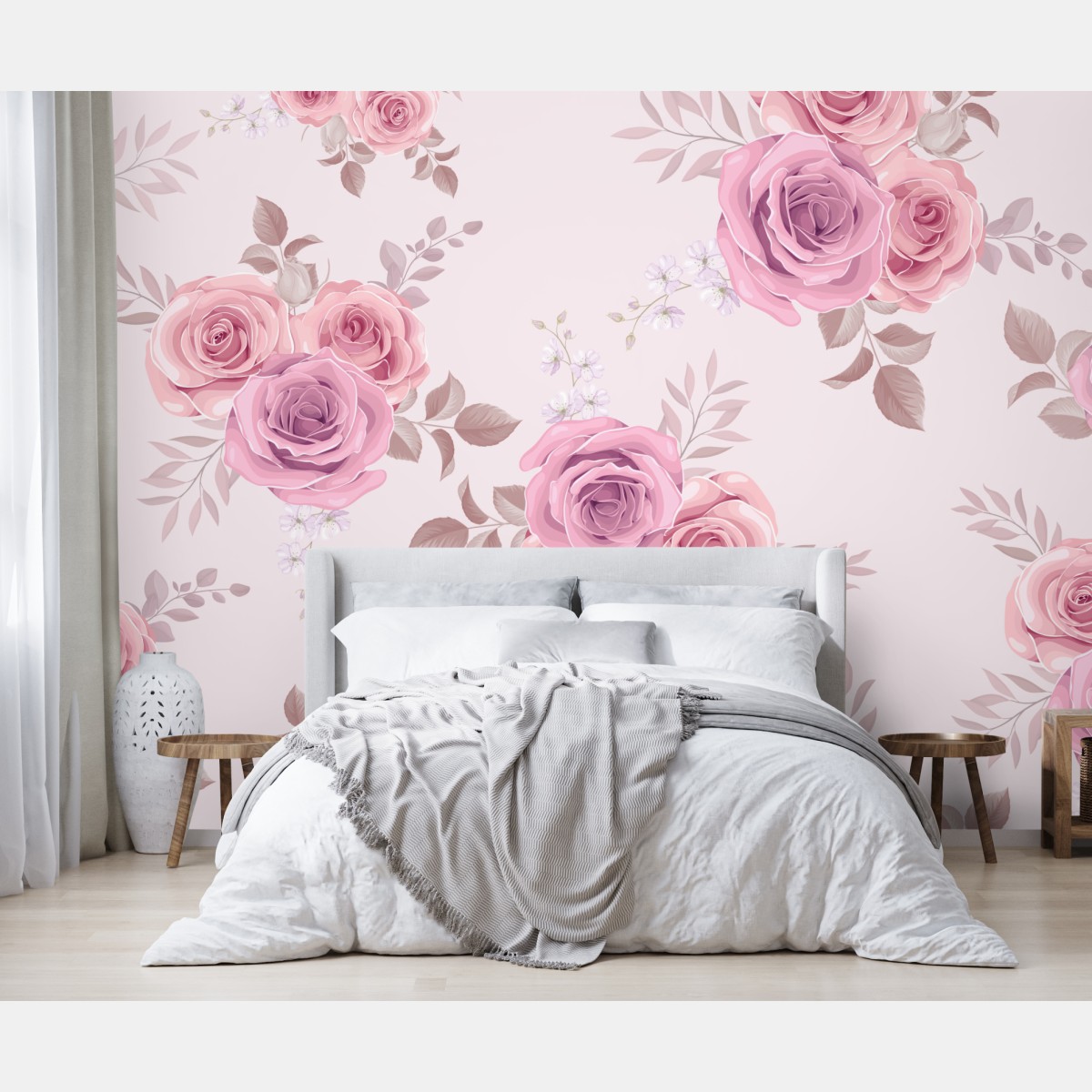 Wall mural delicate pink rose floral pattern