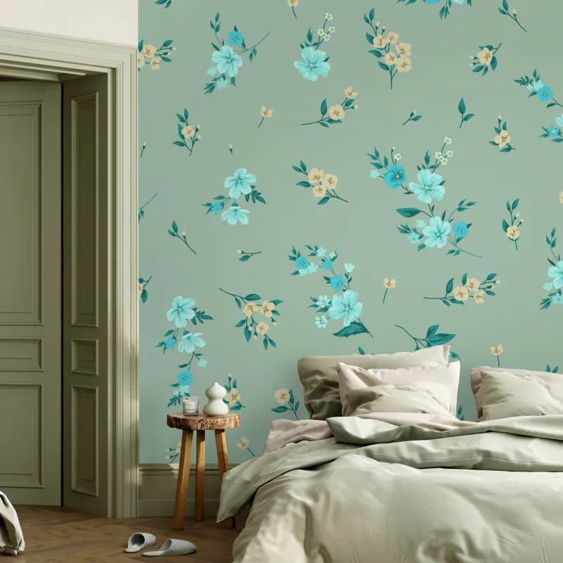Fototapeta pastelowy turkusowy wzór kwiatowy na miętowym tle
